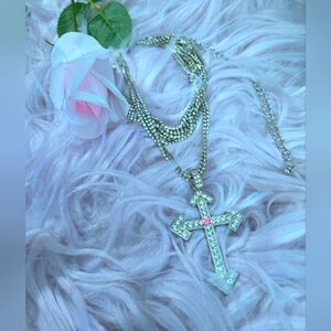 NWT Silver & Rhinestones Multi Chain Cross Choker Necklace With Neon Pink Stone